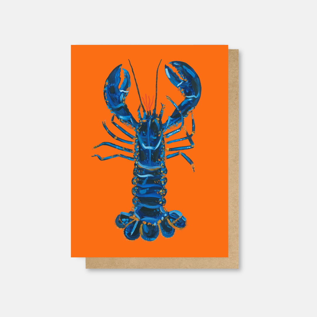 Blue Lobster on Orange Greetings Card